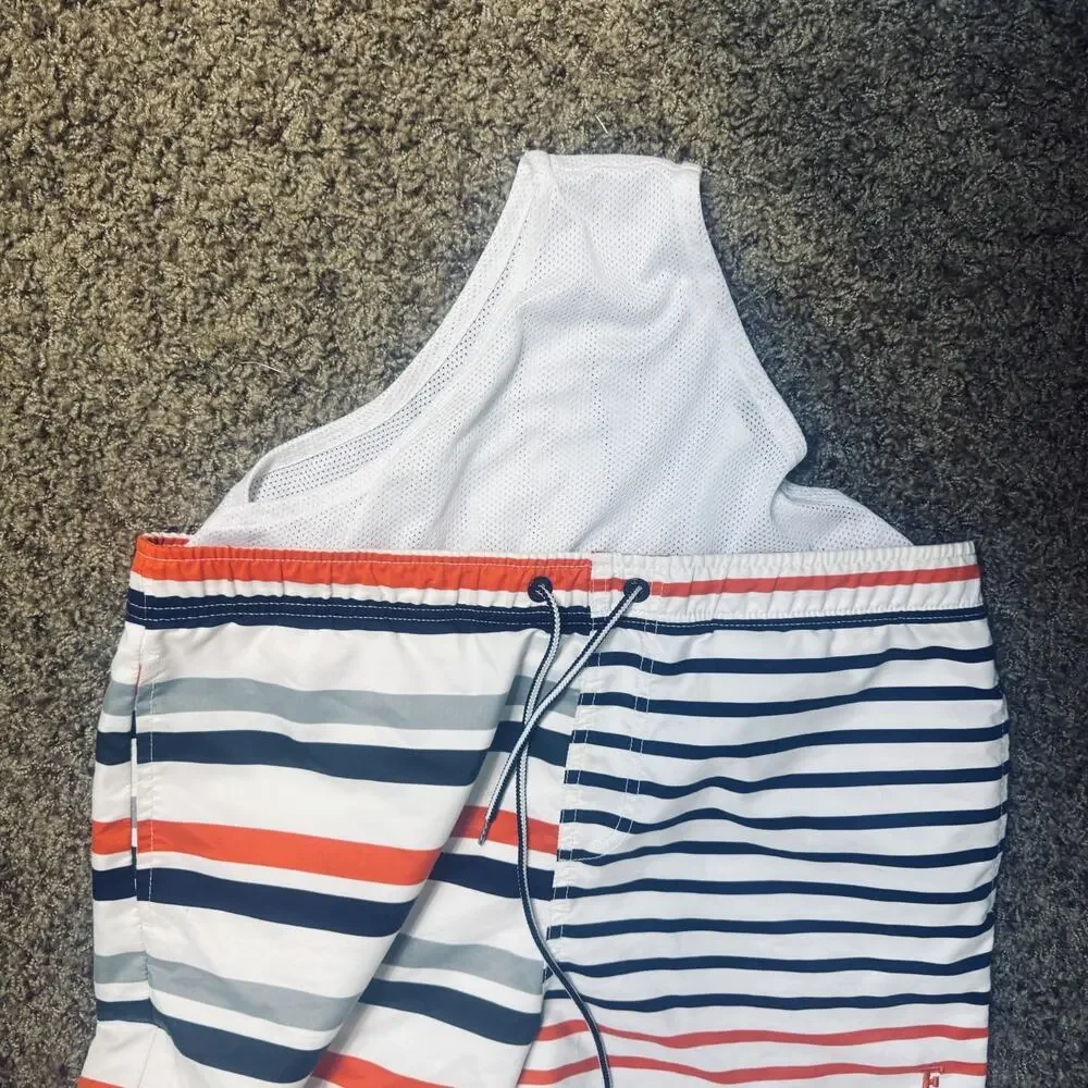 FRENCH CONNECTION Swim Shorts striped Mens M navy blue orange board shorts lined
